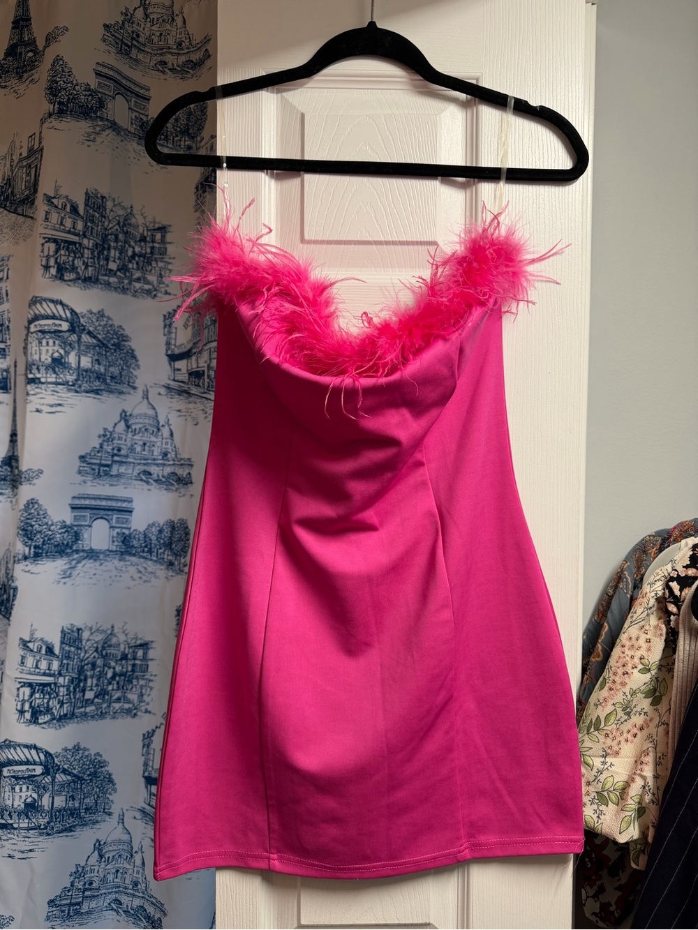 Hot Pink Feather-Trim Strapless Mini Dress